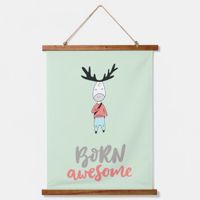 Born Awesome Modern Cartoon Deer   Hanging Tapestry (Front)