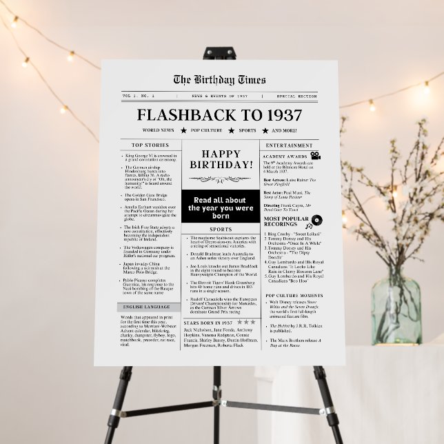 Born in 1937 Fun Newspaper 90th birthday Foam Board (In Situ (Stand))