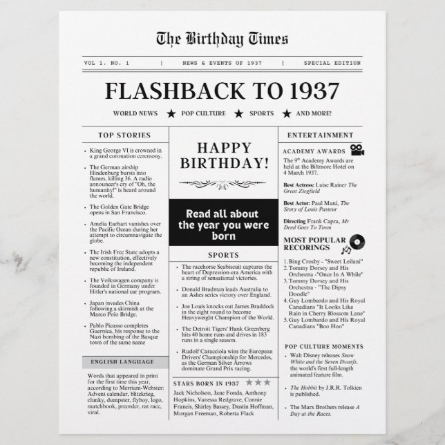 Born in 1937 Fun Newspaper black and white (Front)