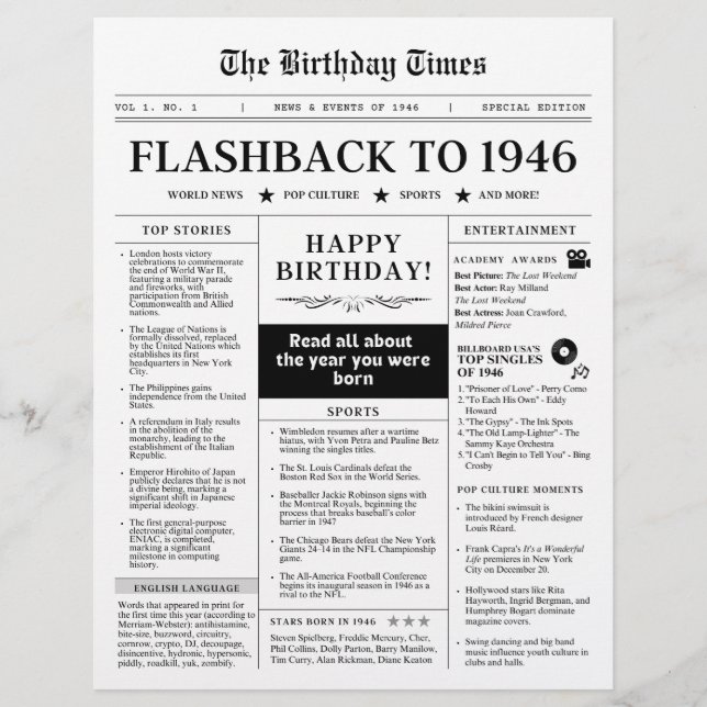 Born in 1946 Fun Newspaper black and white (Front)