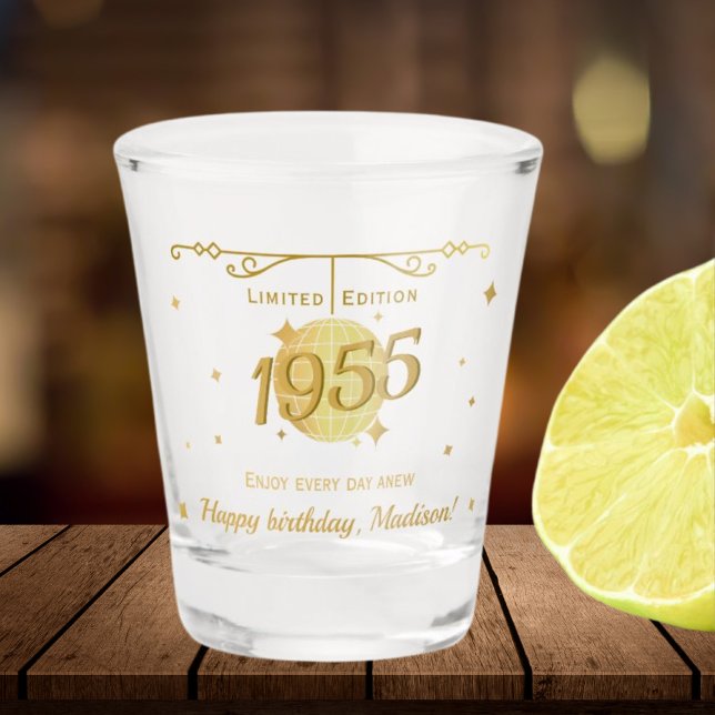 Born in 1955 70th birthday party drinks barware shot glass (Creator Uploaded)