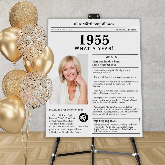 Born in 1955 Birthday Party Poster Foam Board (White foam board with newspaper design featuring facts from 1955, personalized with a woman's photo)