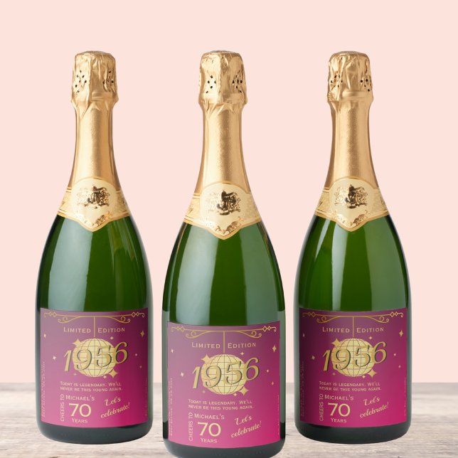 Born in 1956 70th birthday party pink beer sparkling wine label (Creator Uploaded)