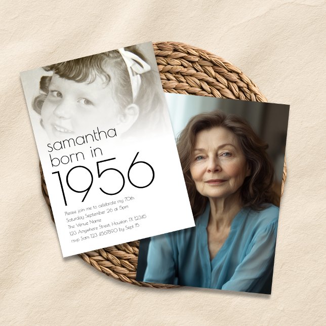 Born in 1956 Overlay 2 Photos 70th Birthday Party Invitation (Front and back view)