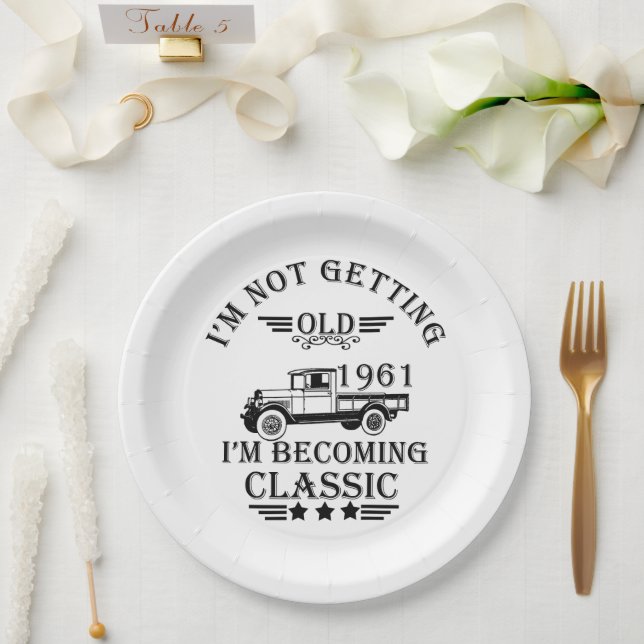 born in 1961 vintage birthday mens gift paper plates (Wedding)