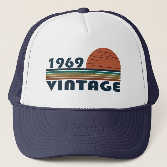 Born in 1969 vintage birthday trucker hat (Front)
