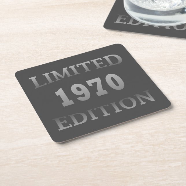 Born in 1970 limited edition birthday square paper coaster (Angled)