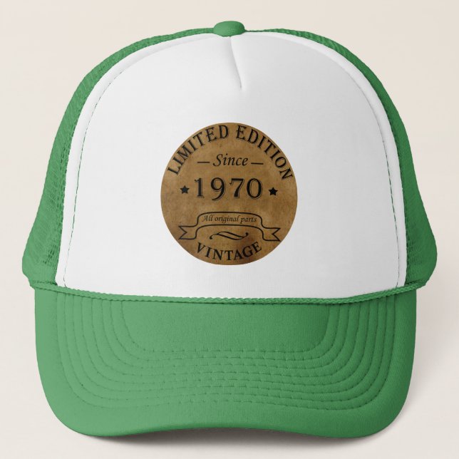 Born in 1970 vintage birthday trucker hat (Front)