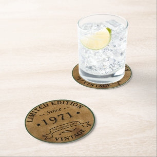 Born in 1971 elegant vintage birthday party round paper coaster