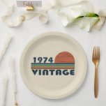 Born in 1974 vintage 50th birthday paper plates<br><div class="desc">You can add some originality to your wardrobe with this limited edition original sunset vintage retro-looking birthday design with awesome typography font lettering, it is a great gift idea for men, women, husband, wife girlfriend, and a boyfriend who will love this one-of-a-kind artwork. The best unique and funny holiday present...</div>