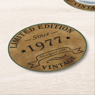 Born in 1977 vintage birthday party round paper coaster