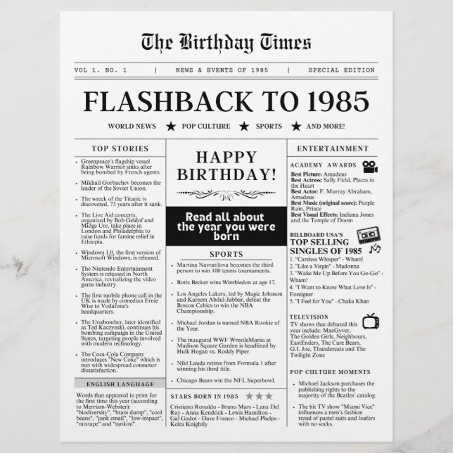 Born in 1985 Mock Newspaper black and white (Front)