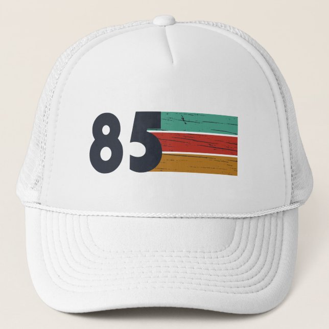 Born in 1985 vintage birthday party trucker hat (Front)