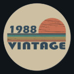 Born in 1988 vintage birthday gift classic round sticker<br><div class="desc">This vintage classic graphic design with awesome typography font lettering can add originality to your wardrobe collection. It is a great gift idea for men, women, husbands, wives, girlfriends, and boyfriends who will love this one-of-a-kind artwork. It is the best and most funny holiday present for your happy birthday party....</div>