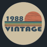 Born in 1988 vintage birthday gift classic round sticker<br><div class="desc">This vintage classic graphic design with awesome typography font lettering can add originality to your wardrobe collection. It is a great gift idea for men, women, husbands, wives, girlfriends, and boyfriends who will love this one-of-a-kind artwork. It is the best and most funny holiday present for your happy birthday party....</div>