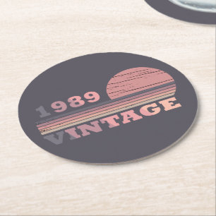 born in 1989 vintage birthday round paper coaster