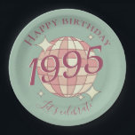 Born in 1995 30th birthday party decor Paper Plate<br><div class="desc">Add a touch of retro flair to your born in 1995 30th birthday party with party table decorations featuring paper plates adorned with a disco ball in pink shades against a teal blue background!

Personalize all the text to suit your event.</div>