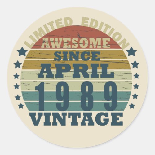 born in april 1989 vintage birthday classic round sticker