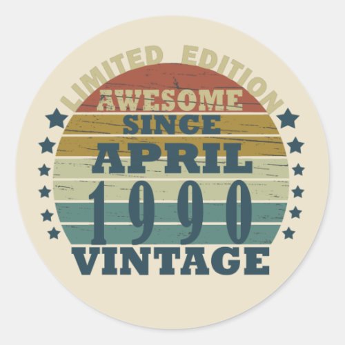 born in april 1990 vintage birthday classic round sticker