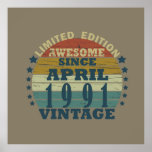 born in april 1991 vintage birthday poster<br><div class="desc">You can add some originality to your wardrobe with this original 1991 vintage sunset retro-looking birthday design with awesome colors and typography font lettering, is a great gift idea for men, women, husband, wife girlfriend, and a boyfriend who will love this one-of-a-kind artwork. The best amazing and funny holiday present...</div>