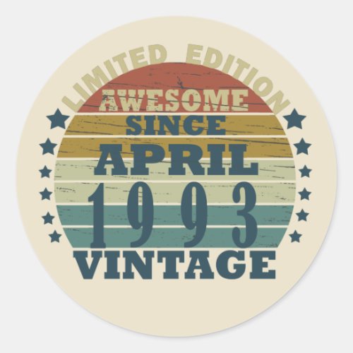 born in april 1993 vintage birthday classic round sticker
