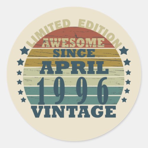 Born in april 1996 vintage birthday classic round sticker