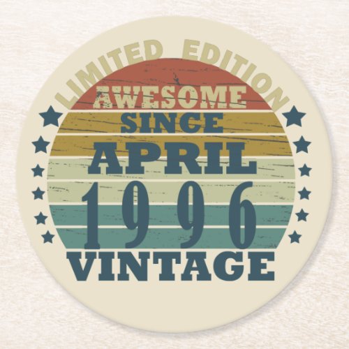 Born in april 1996 vintage birthday round paper coaster