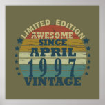 Born in april 1997 vintage birthday poster<br><div class="desc">You can add some originality to your wardrobe with this original 1997 vintage sunset retro-looking birthday design with awesome colors and typography font lettering, is a great gift idea for men, women, husband, wife girlfriend, and a boyfriend who will love this one-of-a-kind artwork. The best amazing and funny holiday present...</div>