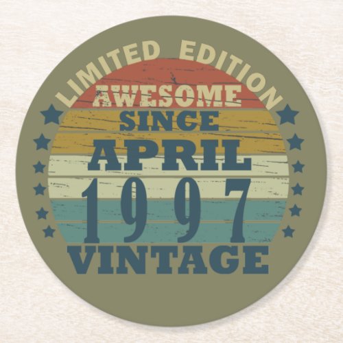 Born in april 1997 vintage birthday round paper coaster