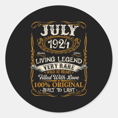 Born In July 1924 Vintage 98th Birthday 98 Years Classic Round Sticker