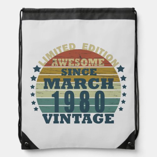 Born in March 1980 vintage birthday Drawstring Bag