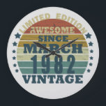 Born in March 1982 vintage birthday Large Clock<br><div class="desc">You can add some originality to your wardrobe with this original 1982 vintage sunset retro-looking birthday design with awesome colors and typography font lettering, is a great gift idea for men, women, husband, wife girlfriend, and a boyfriend who will love this one-of-a-kind artwork. The best amazing and funny holiday present...</div>