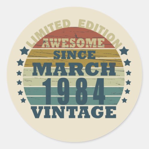 born in march 1984 vintage birthday classic round sticker