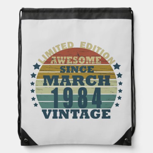 born in march 1984 vintage birthday drawstring bag