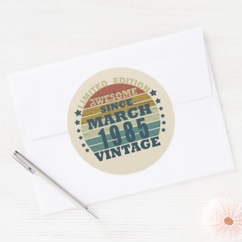 born in march 1985 vintage birthday classic round sticker