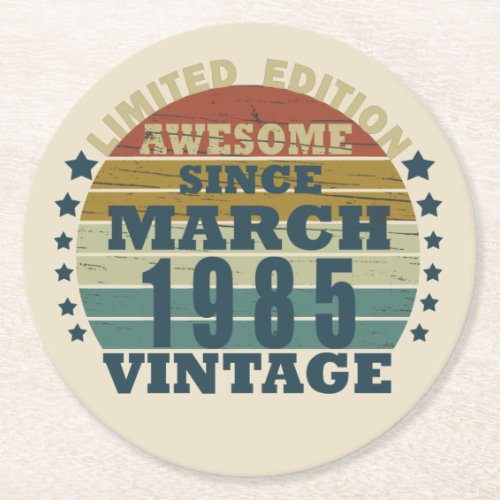 born in march 1985 vintage birthday round paper coaster