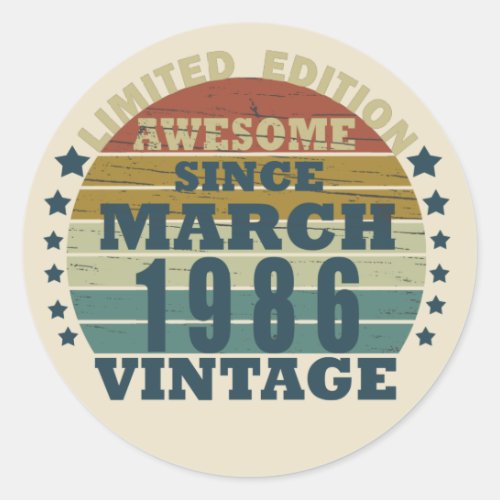born in march 1986 vintage birthday classic round sticker
