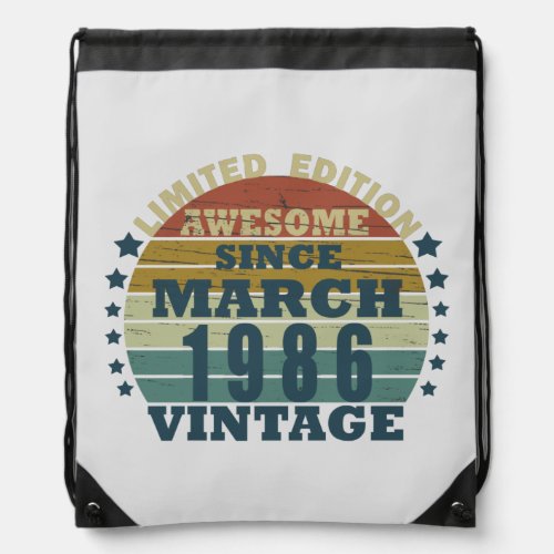 born in march 1986 vintage birthday drawstring bag