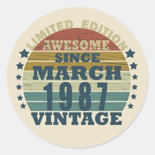 born in march 1987 vintage birthday classic round sticker