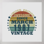 born in march 1987 vintage birthday poster<br><div class="desc">You can add some originality to your wardrobe with this original 1987 vintage sunset retro-looking birthday design with awesome colors and typography font lettering, is a great gift idea for men, women, husband, wife girlfriend, and a boyfriend who will love this one-of-a-kind artwork. The best amazing and funny holiday present...</div>