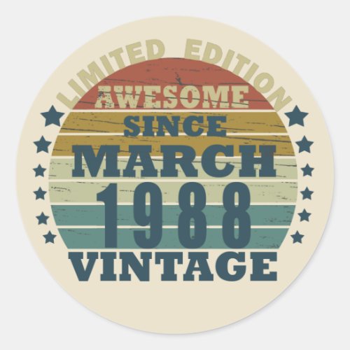born in march 1988 vintage birthday classic round sticker