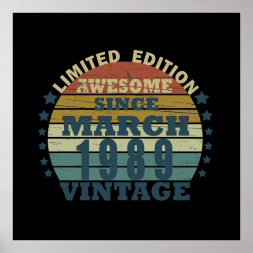 born in march 1989 vintage birthday poster