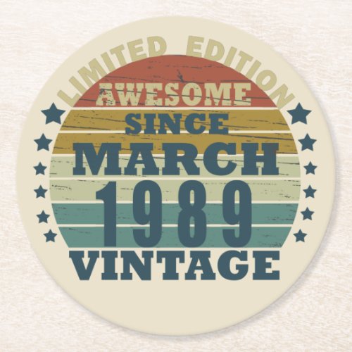 born in march 1989 vintage birthday round paper coaster