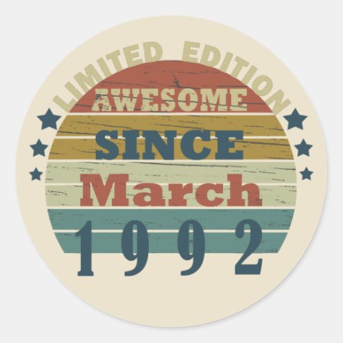 born in march 1992 vintage birthday classic round sticker