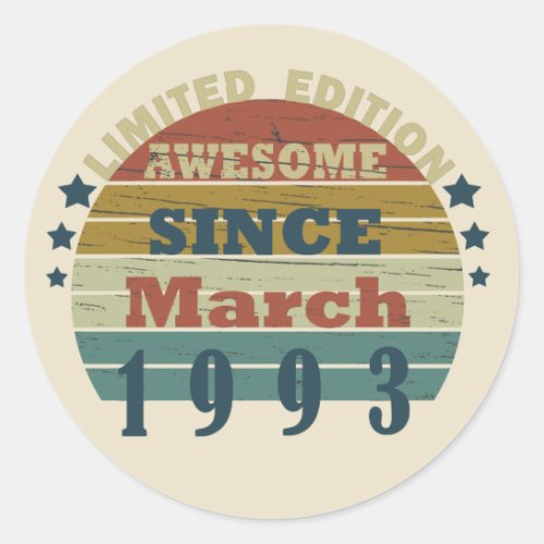 born in march 1993 vintage birthday classic round sticker