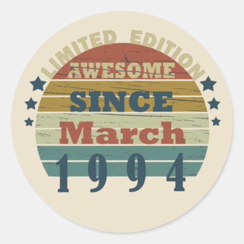 born in march 1994 vintage birthday classic round sticker