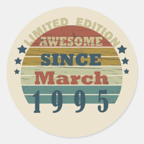 born in march 1995 vintage birthday classic round sticker