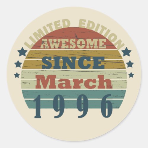 born in march 1996 vintage birthday classic round sticker