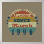 born in march 1996 vintage birthday poster<br><div class="desc">You can add some originality to your wardrobe with this original 1996 vintage sunset retro-looking birthday design with awesome colors and typography font lettering, is a great gift idea for men, women, husband, wife girlfriend, and a boyfriend who will love this one-of-a-kind artwork. The best amazing and funny holiday present...</div>