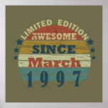 born in march 1997 vintage birthday poster<br><div class="desc">You can add some originality to your wardrobe with this original 1997 vintage sunset retro-looking birthday design with awesome colors and typography font lettering, is a great gift idea for men, women, husband, wife girlfriend, and a boyfriend who will love this one-of-a-kind artwork. The best amazing and funny holiday present...</div>